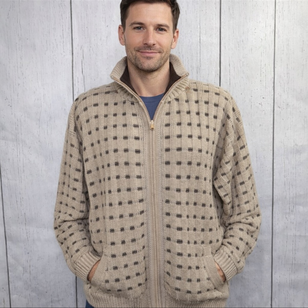 Alpaca Fina Mens Beige Zip Alpaca Wool Sweater Cozy Peru Knit Classic Mens Wear